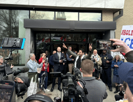 Mohsen Mahdawi addressing the press and supporters outside a Vermont courthouse following his release, on April 30, 2025. (Photo posted to social media by Liz Crampton/Politico)